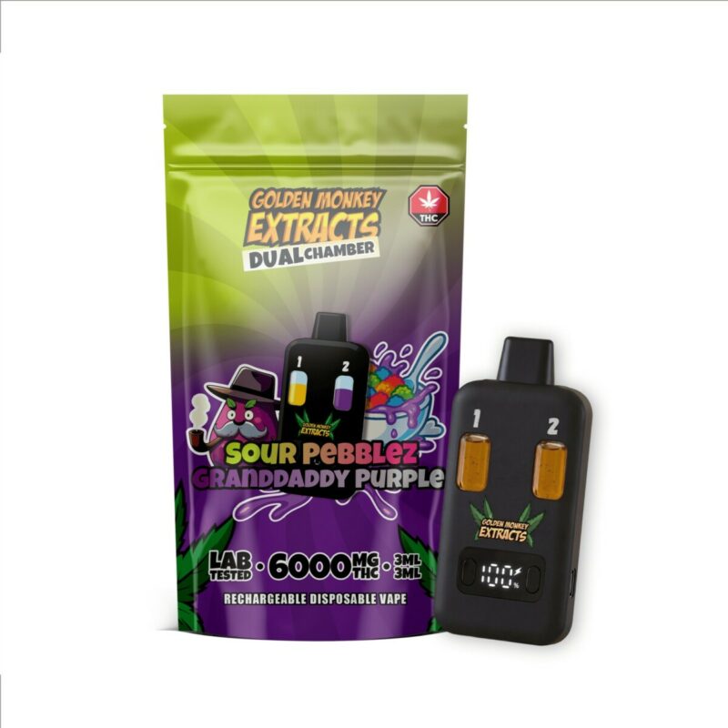 Golden Monkey Extracts Dual Chamber Disposable Vape – 6g - Sour Pebblez × Granddaddy Purple
